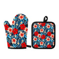 Turquoise Leaves Hibiscus Pattern Print Oven Mitt And Pot Holder Set