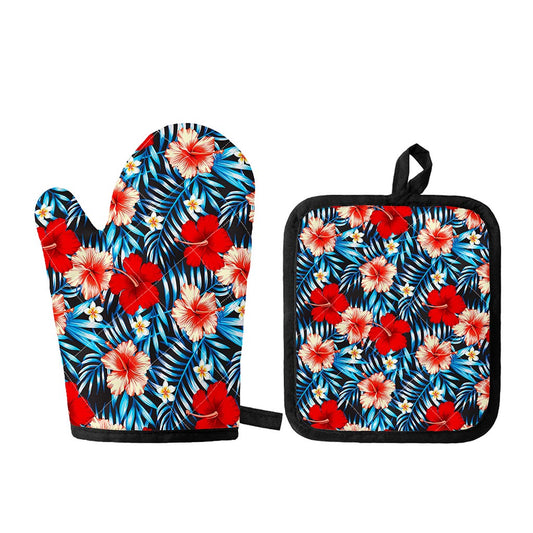 Turquoise Leaves Hibiscus Pattern Print Oven Mitt And Pot Holder Set