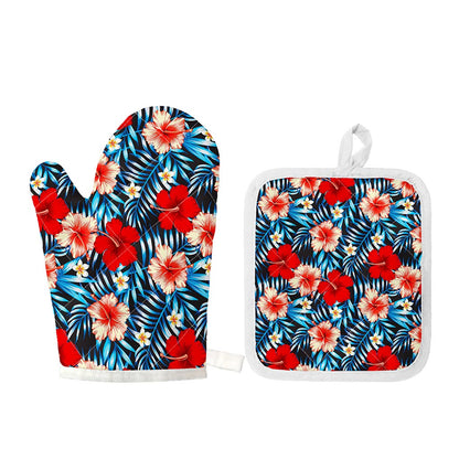 Turquoise Leaves Hibiscus Pattern Print Oven Mitt And Pot Holder Set