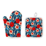 Turquoise Leaves Hibiscus Pattern Print Oven Mitt And Pot Holder Set