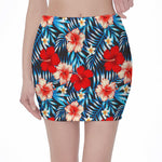 Turquoise Leaves Hibiscus Pattern Print Pencil Mini Skirt