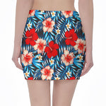Turquoise Leaves Hibiscus Pattern Print Pencil Mini Skirt