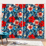 Turquoise Leaves Hibiscus Pattern Print Pencil Pleat Curtains