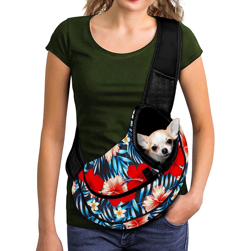 Turquoise Leaves Hibiscus Pattern Print Pet Sling Carrier