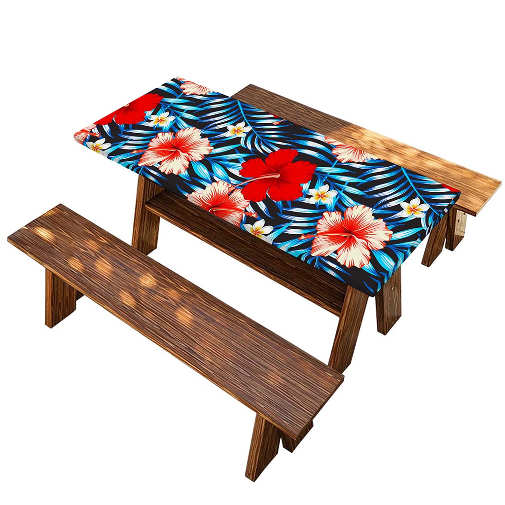 Turquoise Leaves Hibiscus Pattern Print Picnic Table Cover