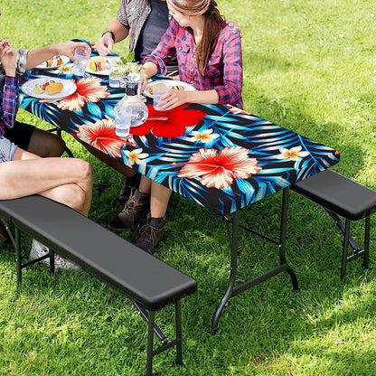 Turquoise Leaves Hibiscus Pattern Print Picnic Table Cover
