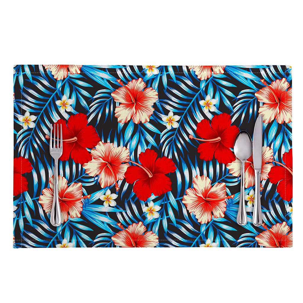 Turquoise Leaves Hibiscus Pattern Print Placemat