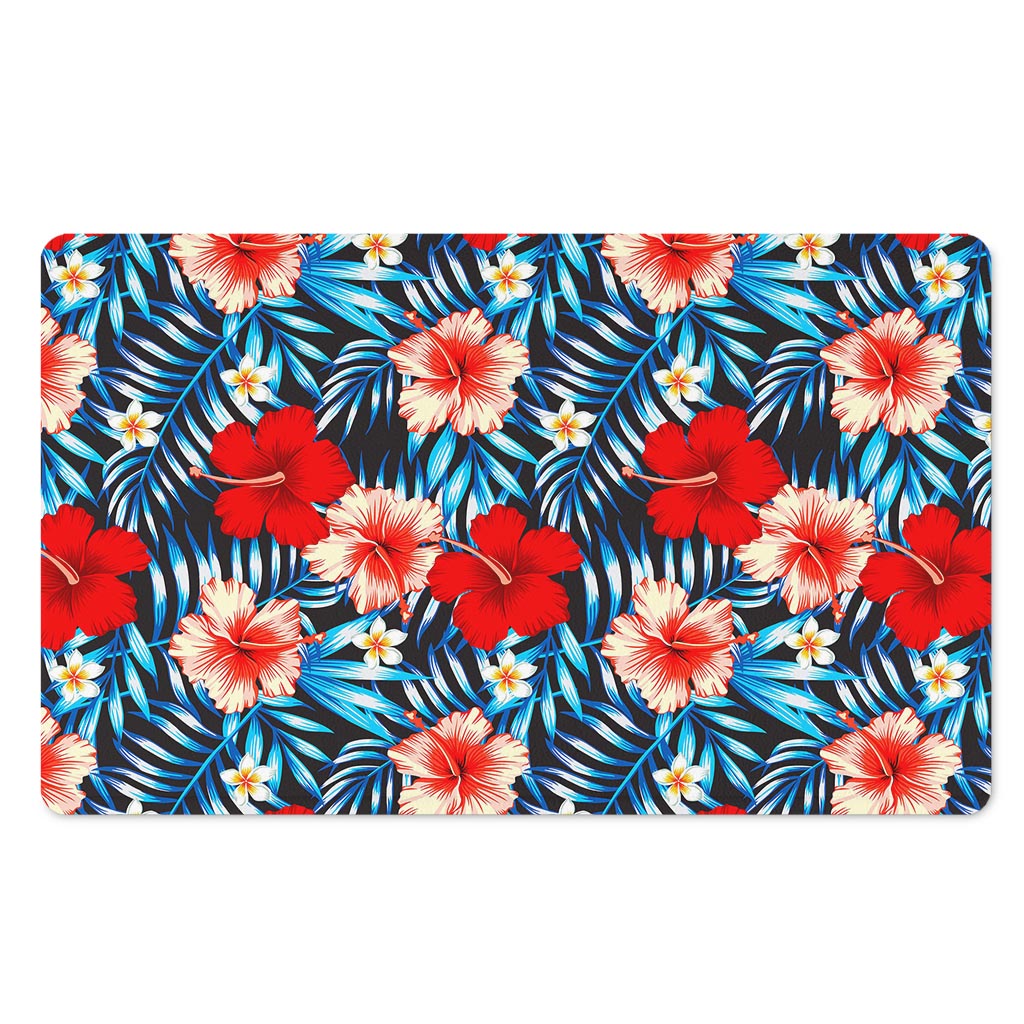 Turquoise Leaves Hibiscus Pattern Print Polyester Doormat