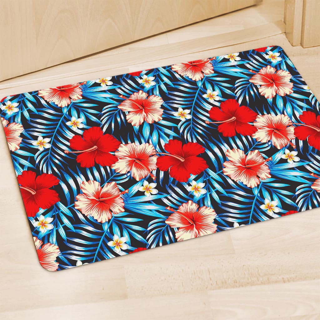 Turquoise Leaves Hibiscus Pattern Print Polyester Doormat