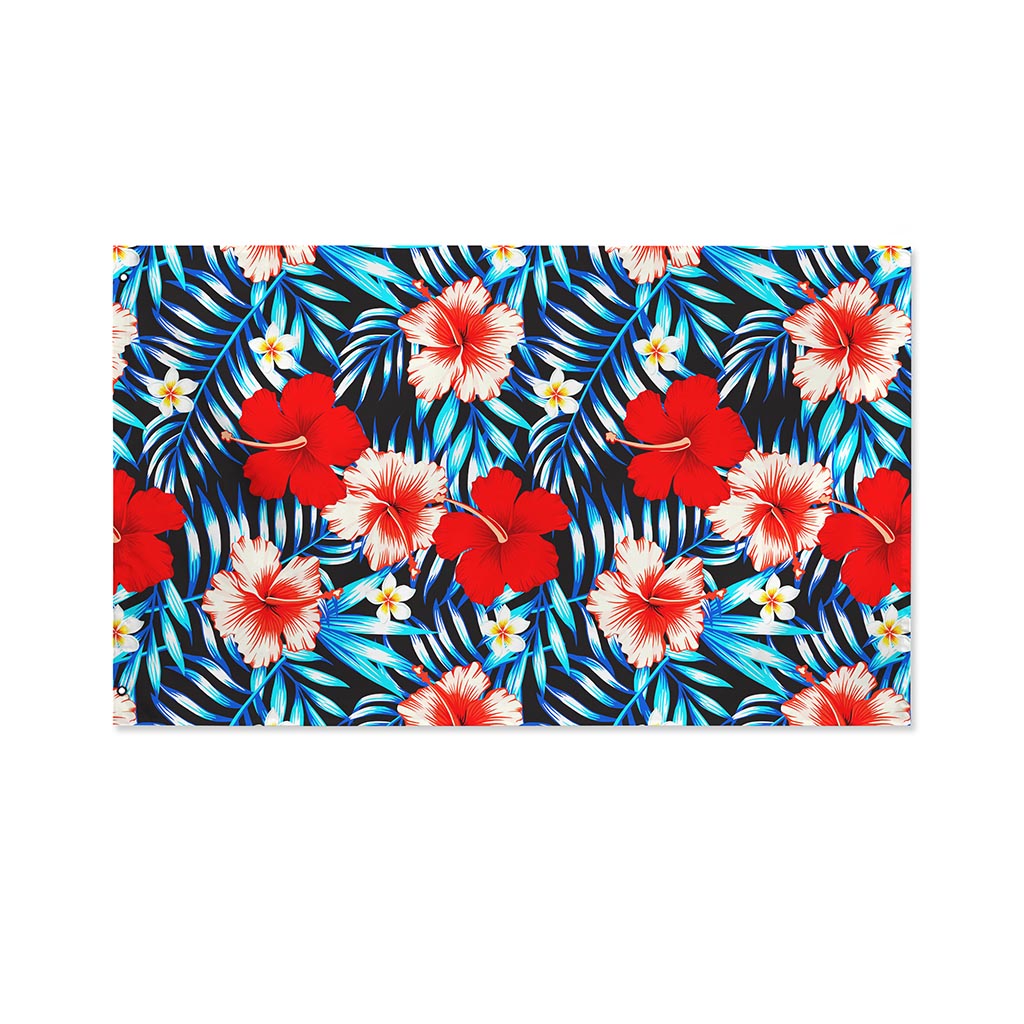 Turquoise Leaves Hibiscus Pattern Print Polyester Flag