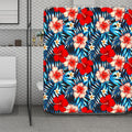 Turquoise Leaves Hibiscus Pattern Print Polyester Shower Curtain
