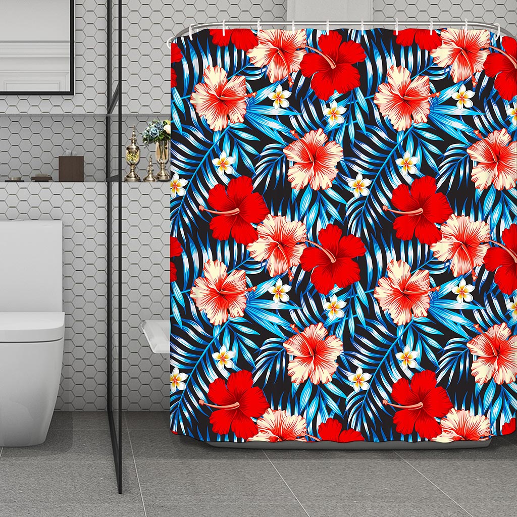Turquoise Leaves Hibiscus Pattern Print Polyester Shower Curtain