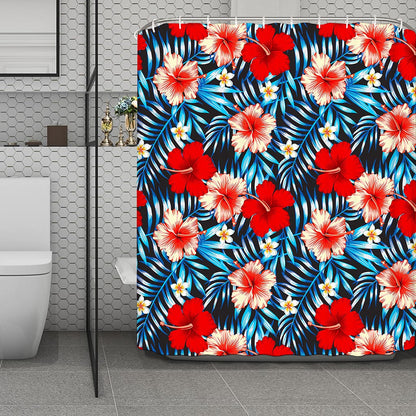 Turquoise Leaves Hibiscus Pattern Print Polyester Shower Curtain
