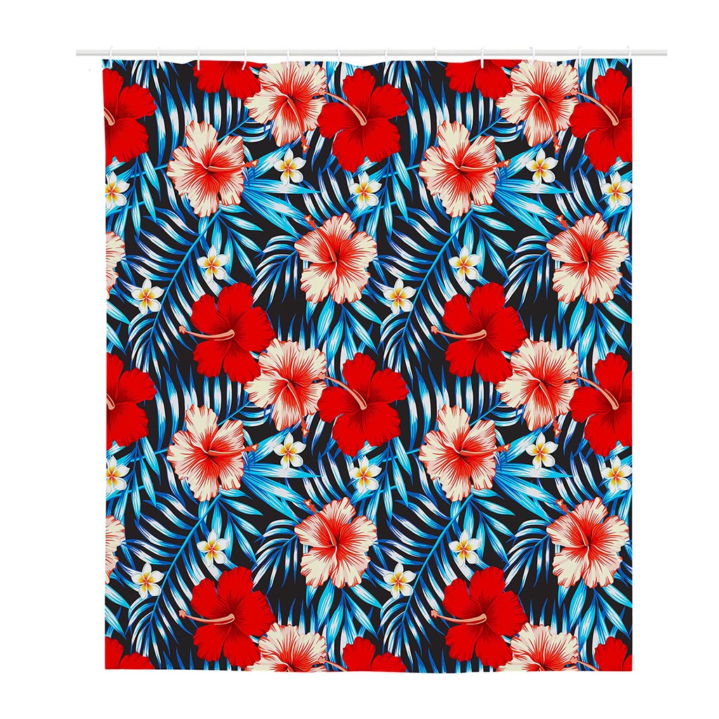 Turquoise Leaves Hibiscus Pattern Print Polyester Shower Curtain