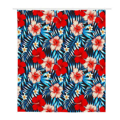 Turquoise Leaves Hibiscus Pattern Print Polyester Shower Curtain