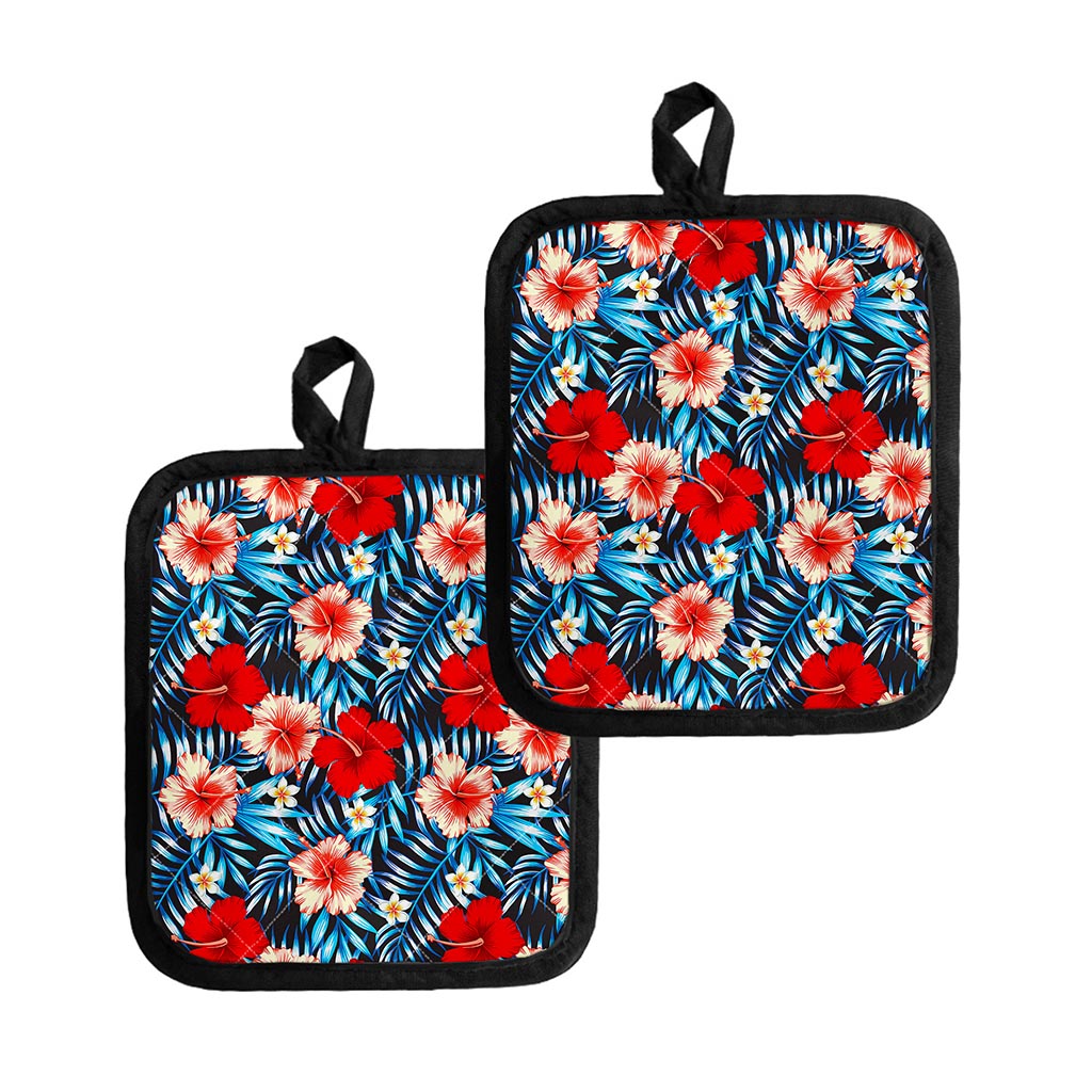 Turquoise Leaves Hibiscus Pattern Print Pot Holders