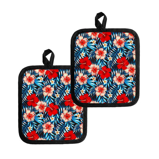 Turquoise Leaves Hibiscus Pattern Print Pot Holders