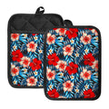 Turquoise Leaves Hibiscus Pattern Print Pot Holders With Pocket