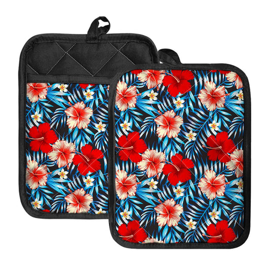 Turquoise Leaves Hibiscus Pattern Print Pot Holders With Pocket
