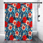 Turquoise Leaves Hibiscus Pattern Print Premium Shower Curtain