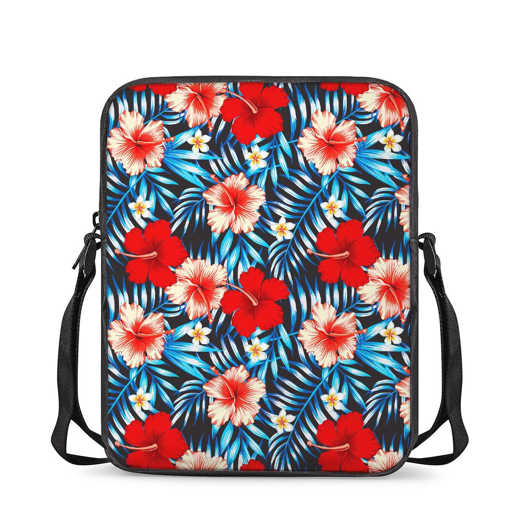 Turquoise Leaves Hibiscus Pattern Print Rectangular Crossbody Bag