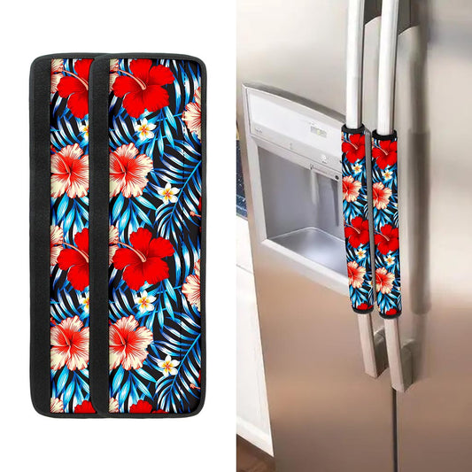 Turquoise Leaves Hibiscus Pattern Print Refrigerator Handle Covers