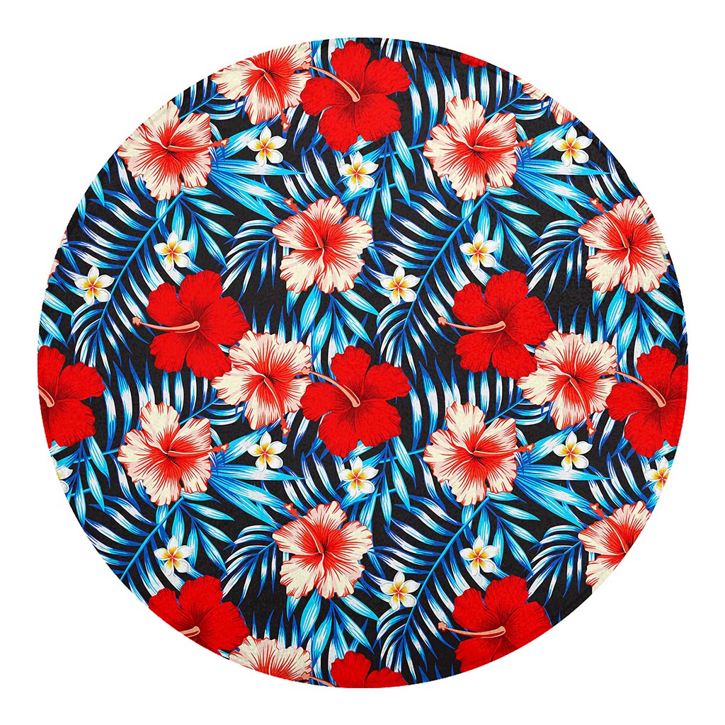 Turquoise Leaves Hibiscus Pattern Print Round Blanket