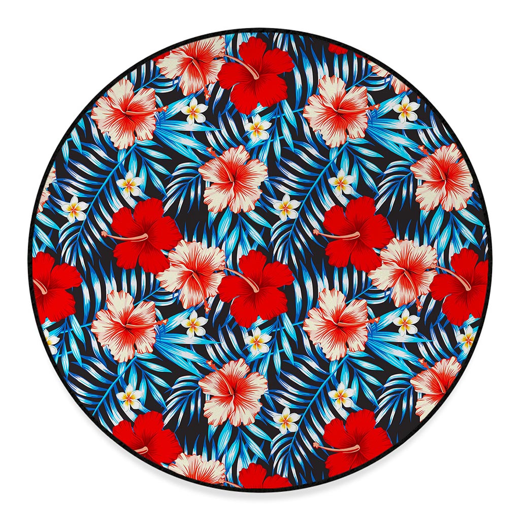 Turquoise Leaves Hibiscus Pattern Print Round Floor Mat