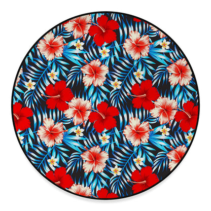 Turquoise Leaves Hibiscus Pattern Print Round Floor Mat