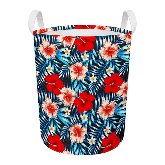 Turquoise Leaves Hibiscus Pattern Print Round Laundry Basket