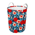 Turquoise Leaves Hibiscus Pattern Print Round Laundry Basket