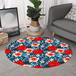 Turquoise Leaves Hibiscus Pattern Print Round Rug