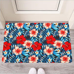 Turquoise Leaves Hibiscus Pattern Print Rubber Doormat
