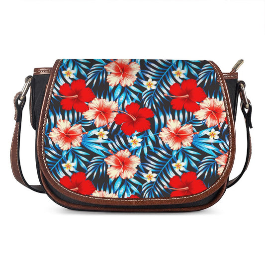 Turquoise Leaves Hibiscus Pattern Print Saddle Bag