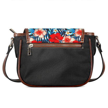 Turquoise Leaves Hibiscus Pattern Print Saddle Bag