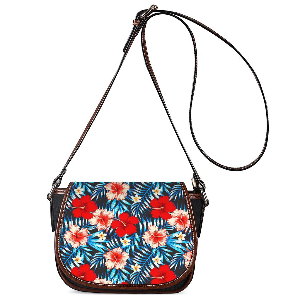 Turquoise Leaves Hibiscus Pattern Print Saddle Bag