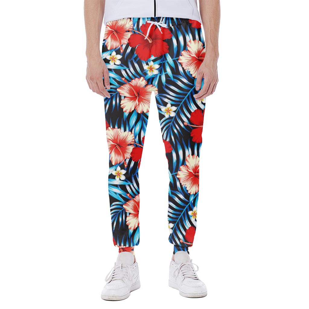 Turquoise Leaves Hibiscus Pattern Print Scuba Joggers
