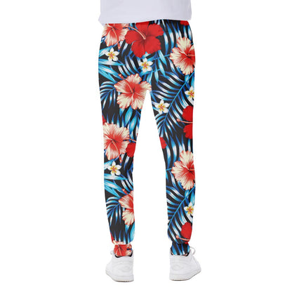 Turquoise Leaves Hibiscus Pattern Print Scuba Joggers