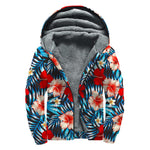 Turquoise Leaves Hibiscus Pattern Print Sherpa Lined Zip Up Hoodie