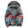 Turquoise Leaves Hibiscus Pattern Print Sherpa Lined Zip Up Hoodie