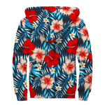 Turquoise Leaves Hibiscus Pattern Print Sherpa Lined Zip Up Hoodie