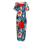 Turquoise Leaves Hibiscus Pattern Print Short Sleeve Long Nightdress