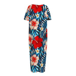 Turquoise Leaves Hibiscus Pattern Print Short Sleeve Long Nightdress