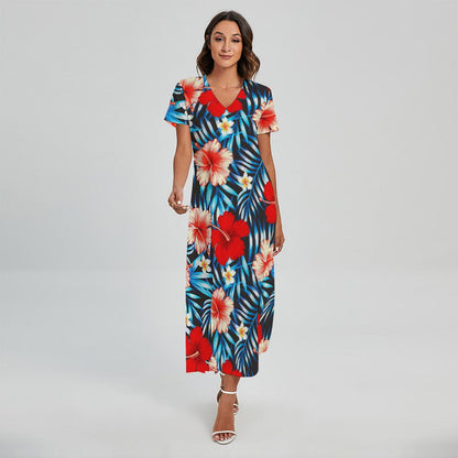 Turquoise Leaves Hibiscus Pattern Print Short Sleeve Maxi Dress