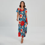 Turquoise Leaves Hibiscus Pattern Print Short Sleeve Maxi Dress