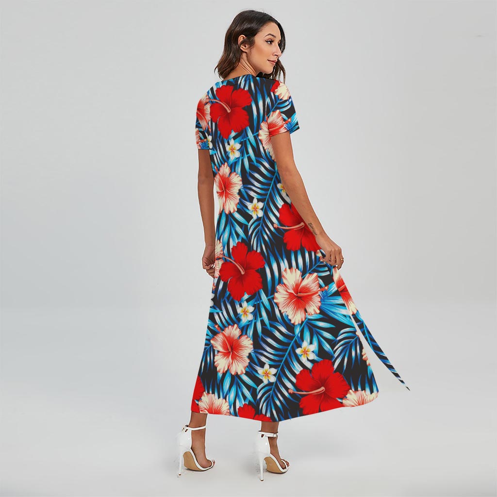 Turquoise Leaves Hibiscus Pattern Print Short Sleeve Maxi Dress