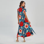 Turquoise Leaves Hibiscus Pattern Print Short Sleeve Maxi Dress