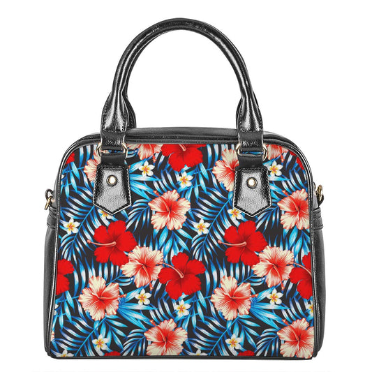 Turquoise Leaves Hibiscus Pattern Print Shoulder Handbag