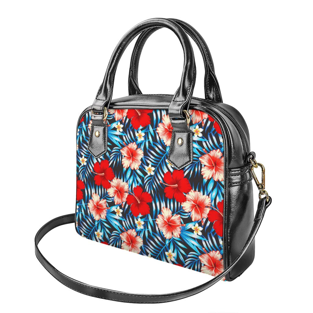 Turquoise Leaves Hibiscus Pattern Print Shoulder Handbag