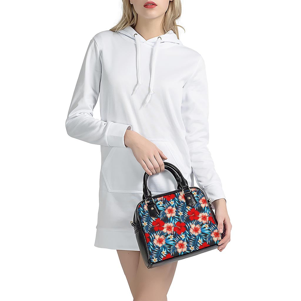 Turquoise Leaves Hibiscus Pattern Print Shoulder Handbag